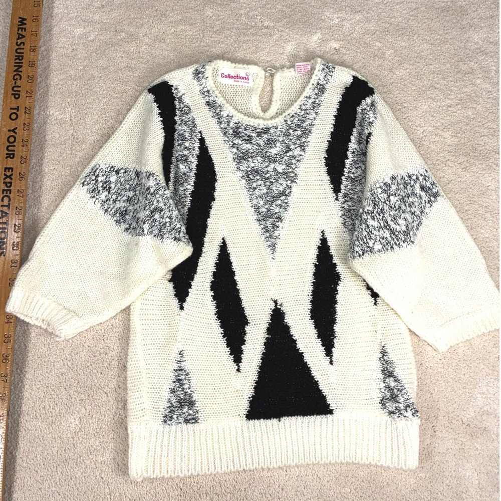 Collections White Abstract Knit Sweater - L - Batwing Sleeve Vintage 80s Retro